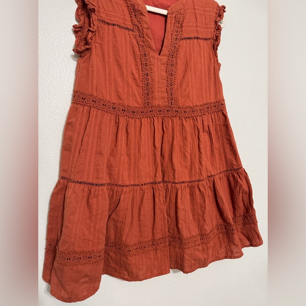 Altar’d State Cotton Tiered V Neck Mini Dress in Burnt Orange - Picture 3 of 8